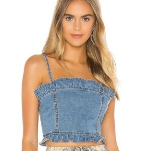 REVOLVE superdown Small Women Denim Crop Top Shirt Ruffles Zipper